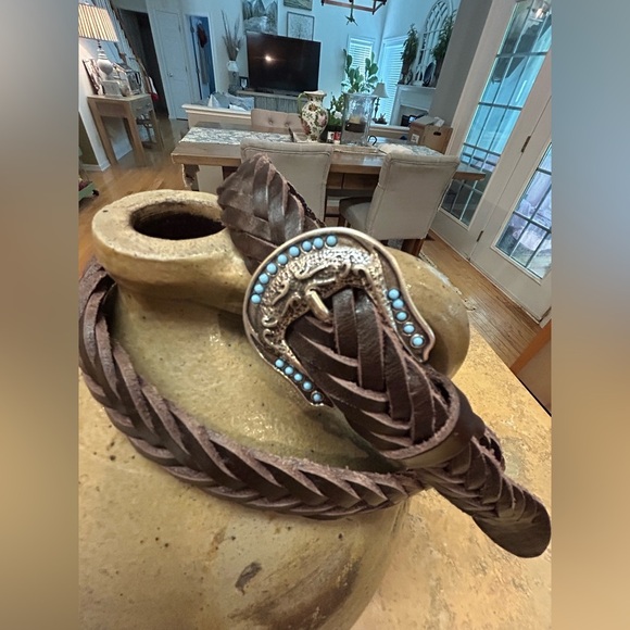 Western Italian Brown Braided Leather Belt with Silver Buckle(Unisex) - Picture 3 of 11